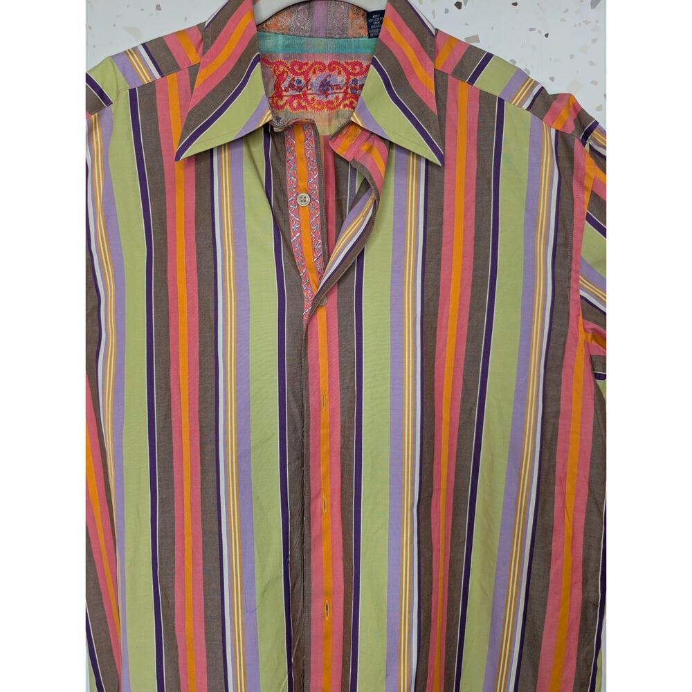 Robert Graham Striped Button Down Shirt XL Cotton Flip Floral Cuffs *Pen Mark - Picture 4 of 8